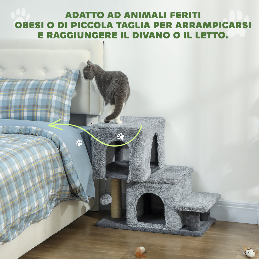 4-Step Height-Adjustable Cat Ladder with 2 Cat Houses, Scratching Post and Ball, Grey