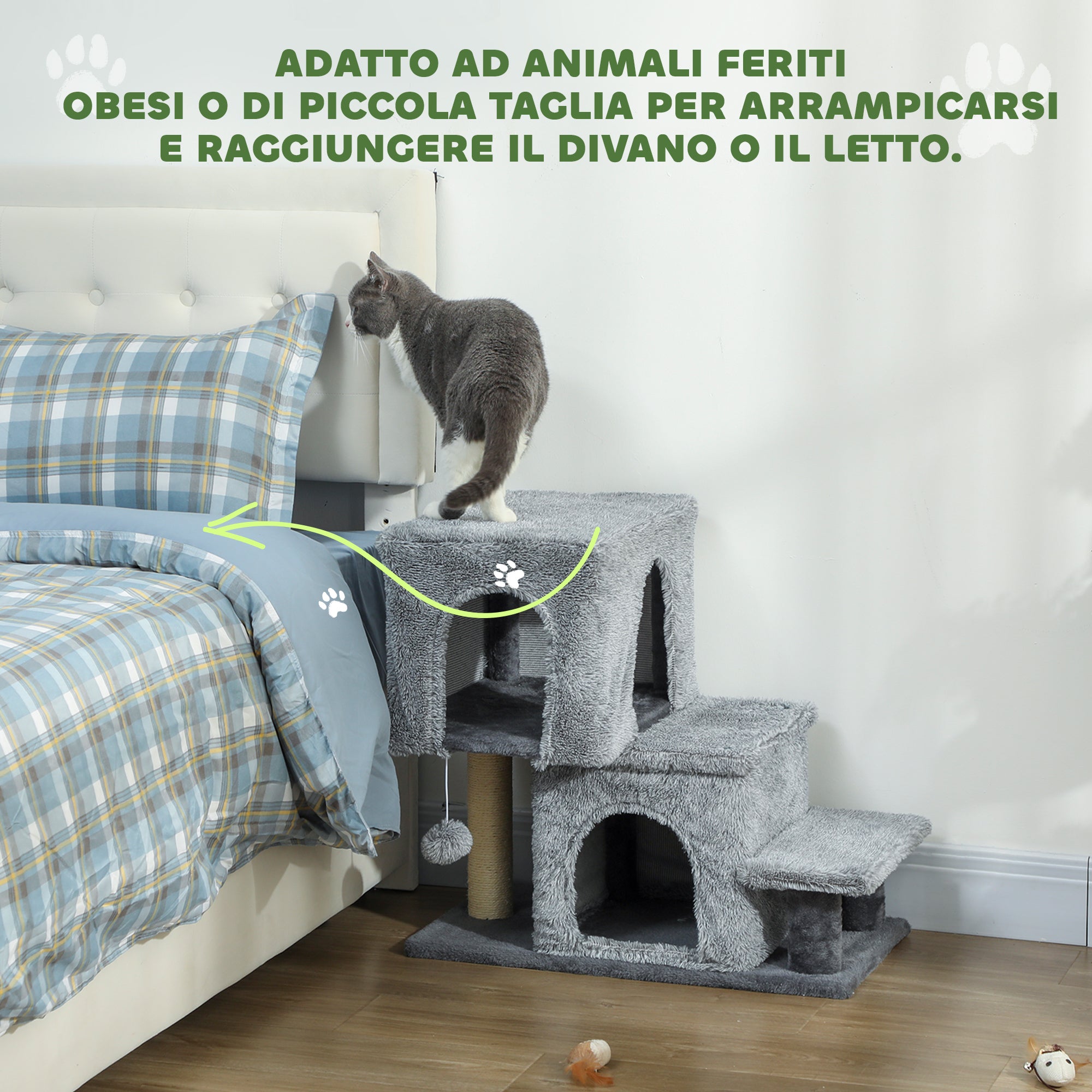 4-Step Height-Adjustable Cat Ladder with 2 Cat Houses, Scratching Post and Ball, Grey