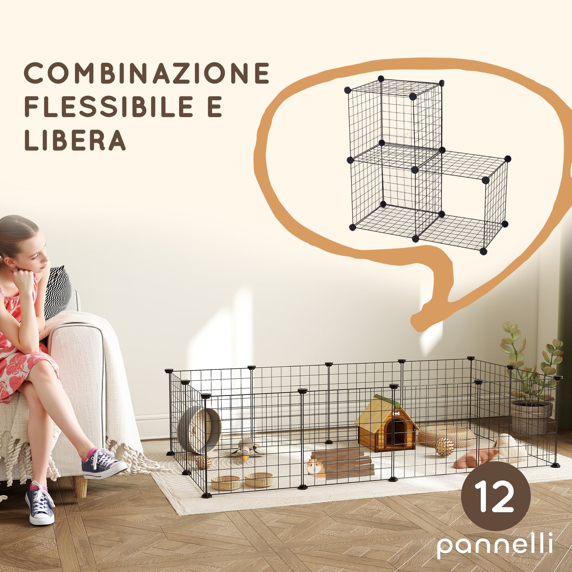 Modular Small Animal Playpen with Panels and Accessories, Indoor Metal Hedgehog Cage for Guinea Pigs and Hedgehogs, 106x73x36 cm, Black