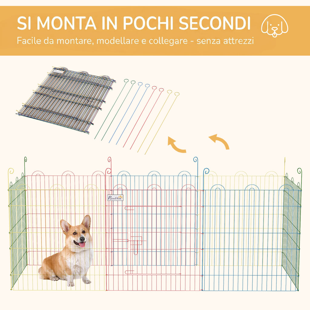 PawHut 8-Panel Dog Gate with Snap Lock, for Medium Dogs, Steel, Ø156x60 cm, Multicolor
