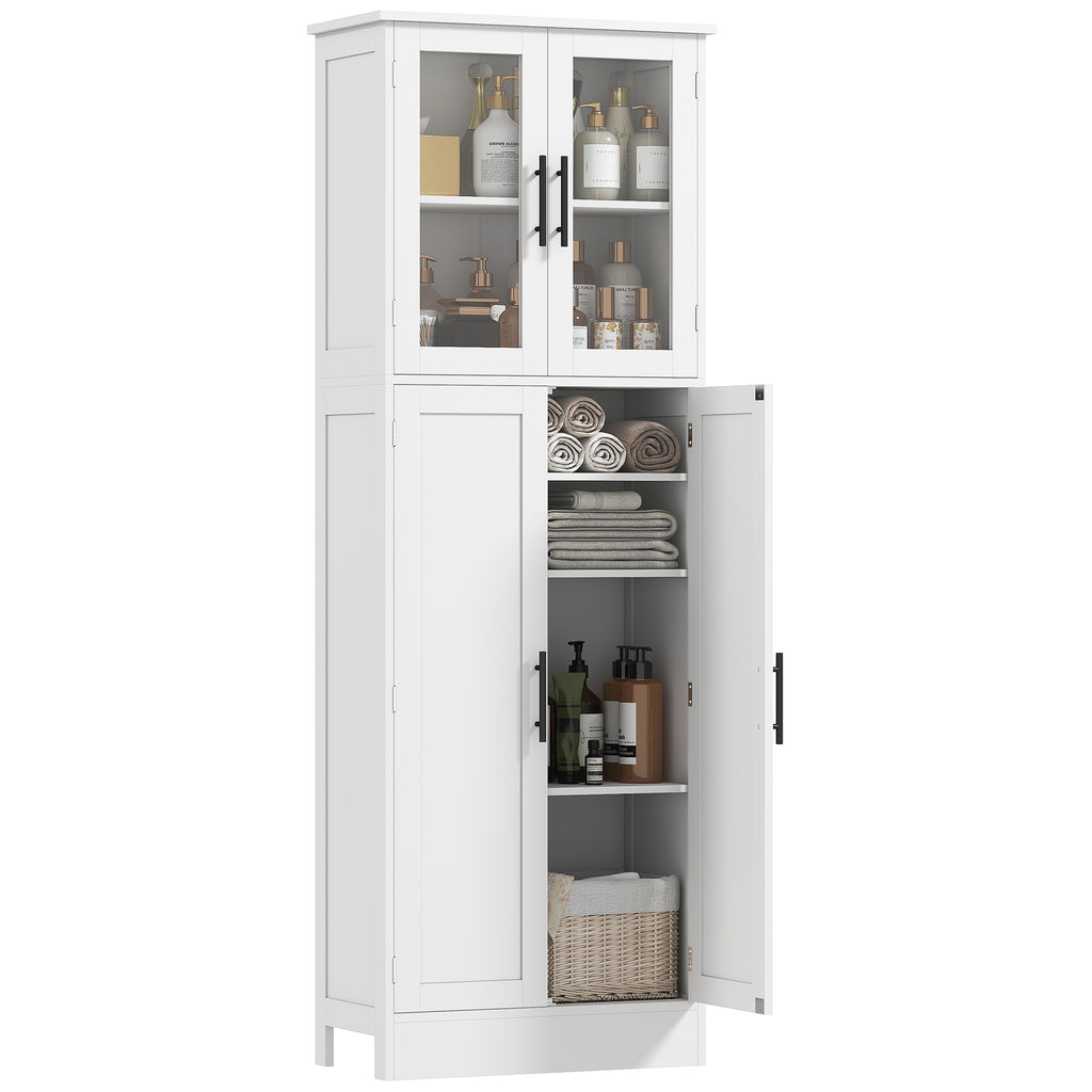 Tall Bathroom Cabinet with Adjustable Shelves, Glass and Wood Doors, 60x30x170 cm, White