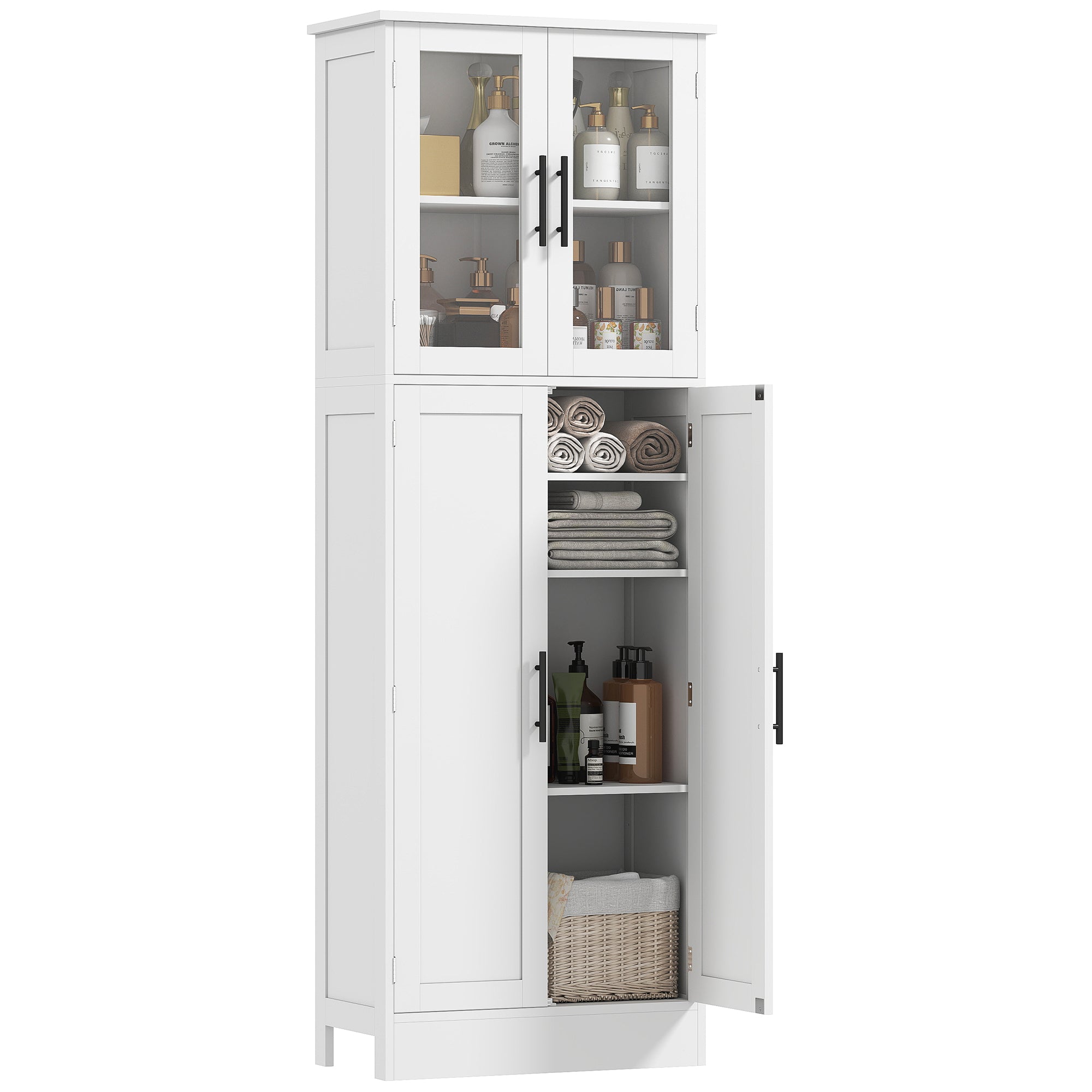 Tall Bathroom Cabinet with Adjustable Shelves, Glass and Wood Doors, 60x30x170 cm, White