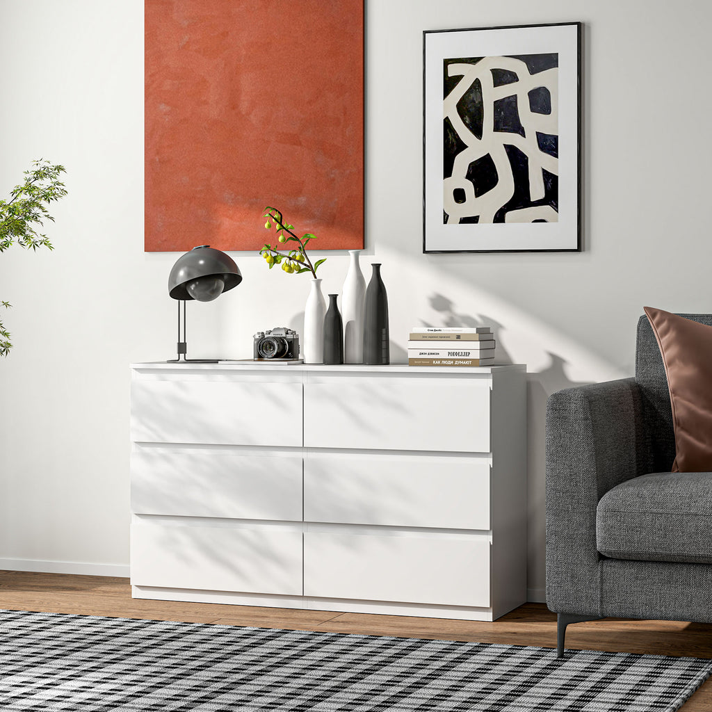 Chest of 6 Drawers for the Bedroom in Wood with Metal Guides, 120x39x75 cm, White