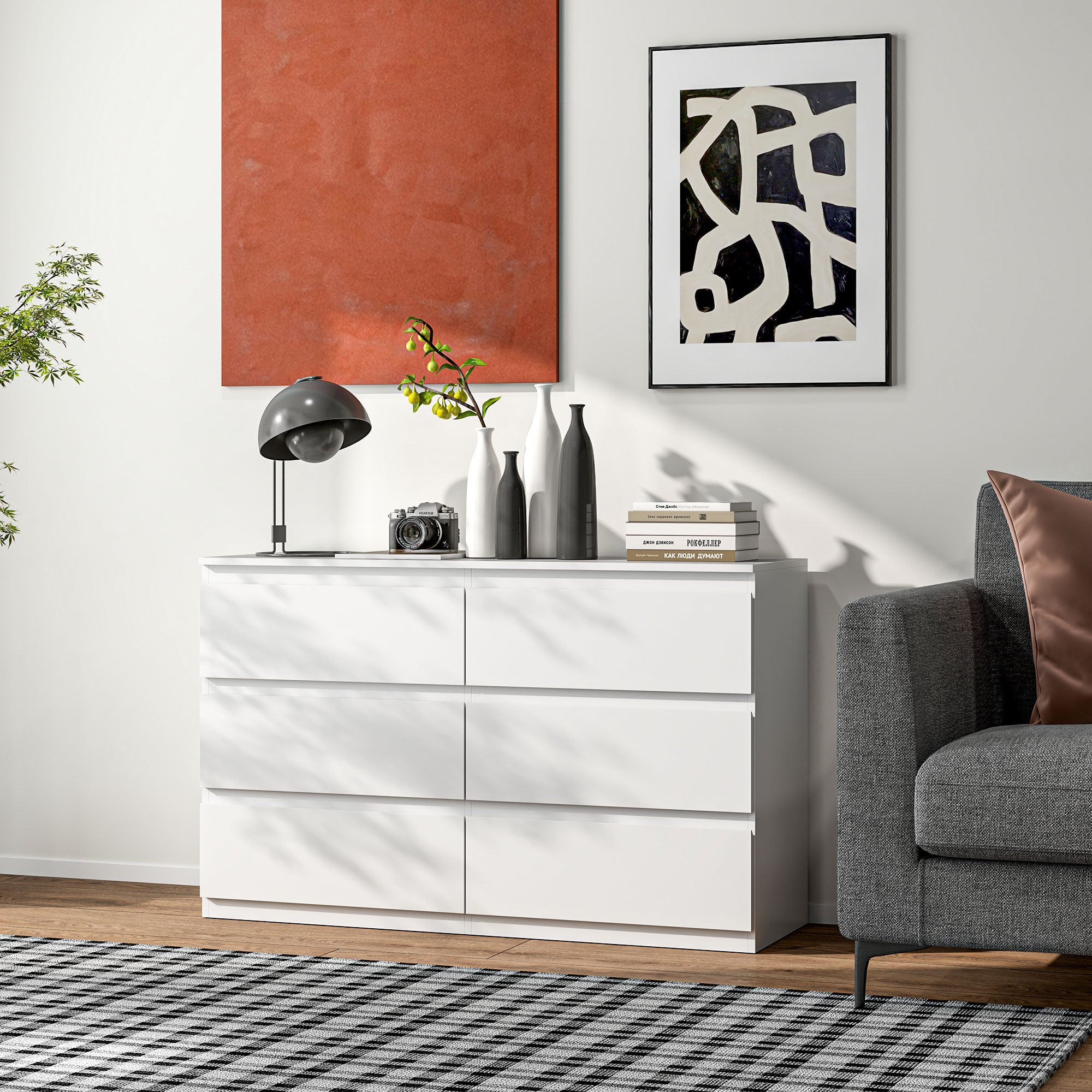 Chest of 6 Drawers for the Bedroom in Wood with Metal Guides, 120x39x75 cm, White