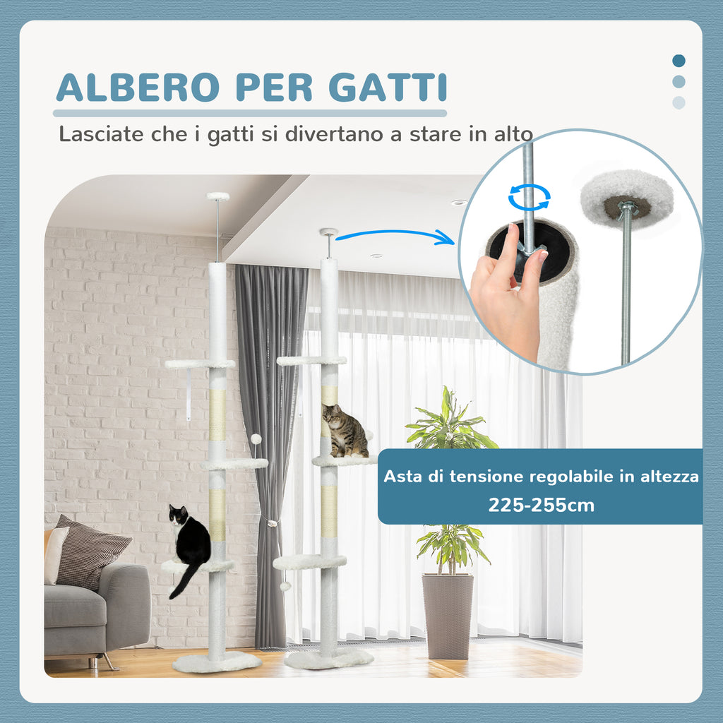 Ceiling Cat Tree with Adjustable Height and Cotton Scratching Posts, 48x32x225-255 cm, White