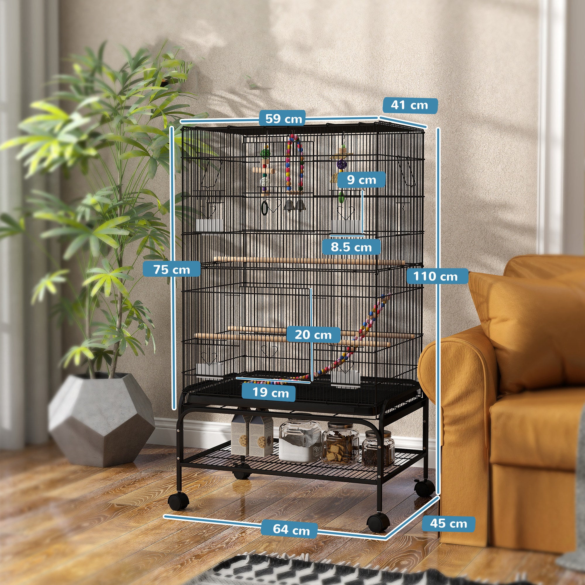 PawHut Bird Cage with Play Area, Wheels, Removable Tray and Shelf, 64x45x110 cm, Black