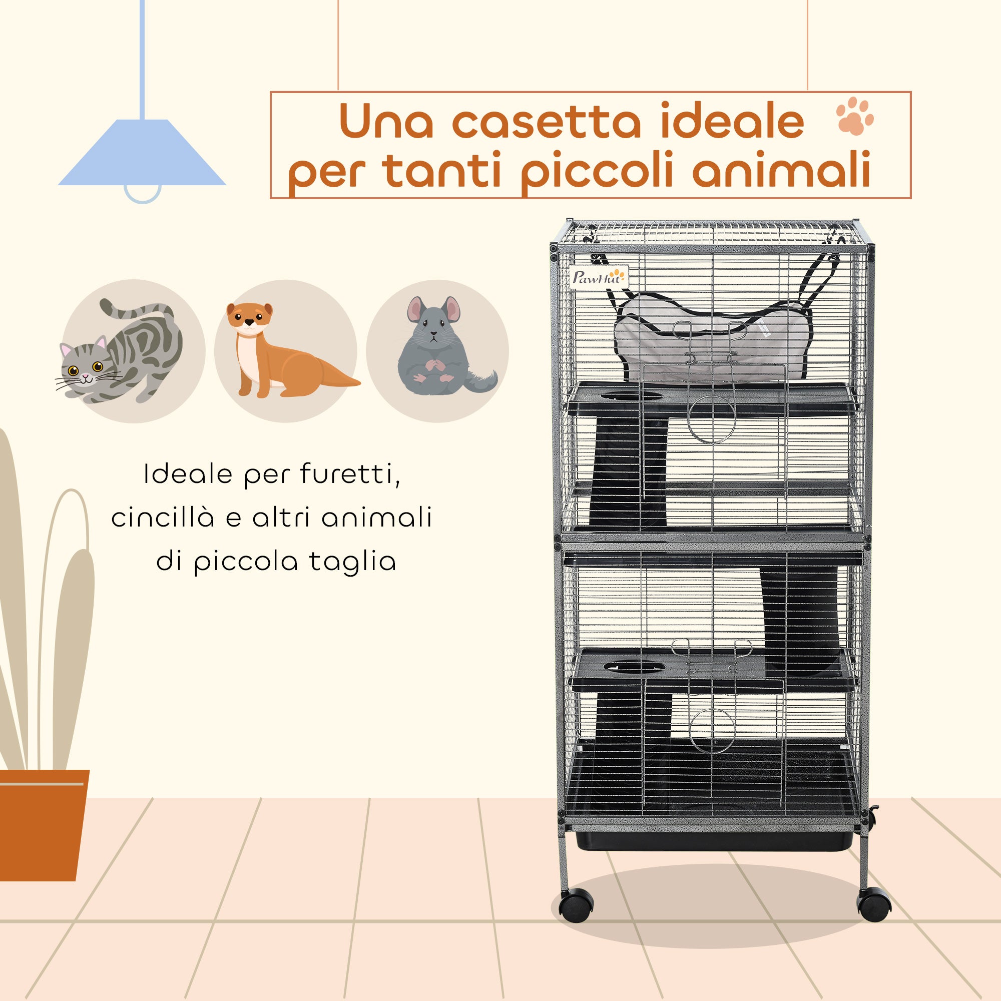 Small Pet Cage, Steel Guinea Pig and Chinchilla Cage with 3 Levels, 4 Wheels, Hammock and Removable Tray, 52 x 52 x 113.5cm, Silver Grey