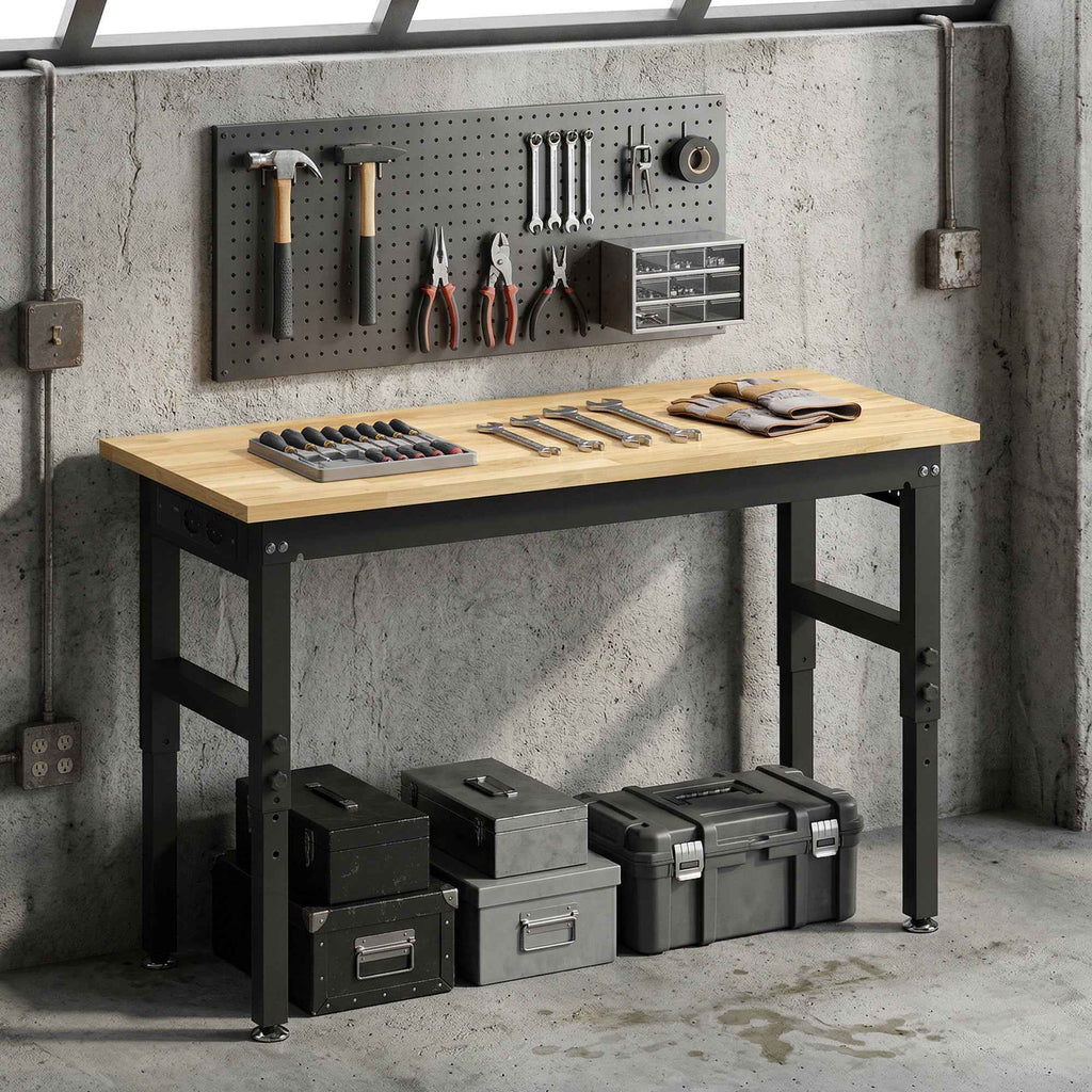 HOMCOM Height-Adjustable Wood and Steel Workbench, 2 AC Outlets, 900 kg Capacity, Wood and Black Color