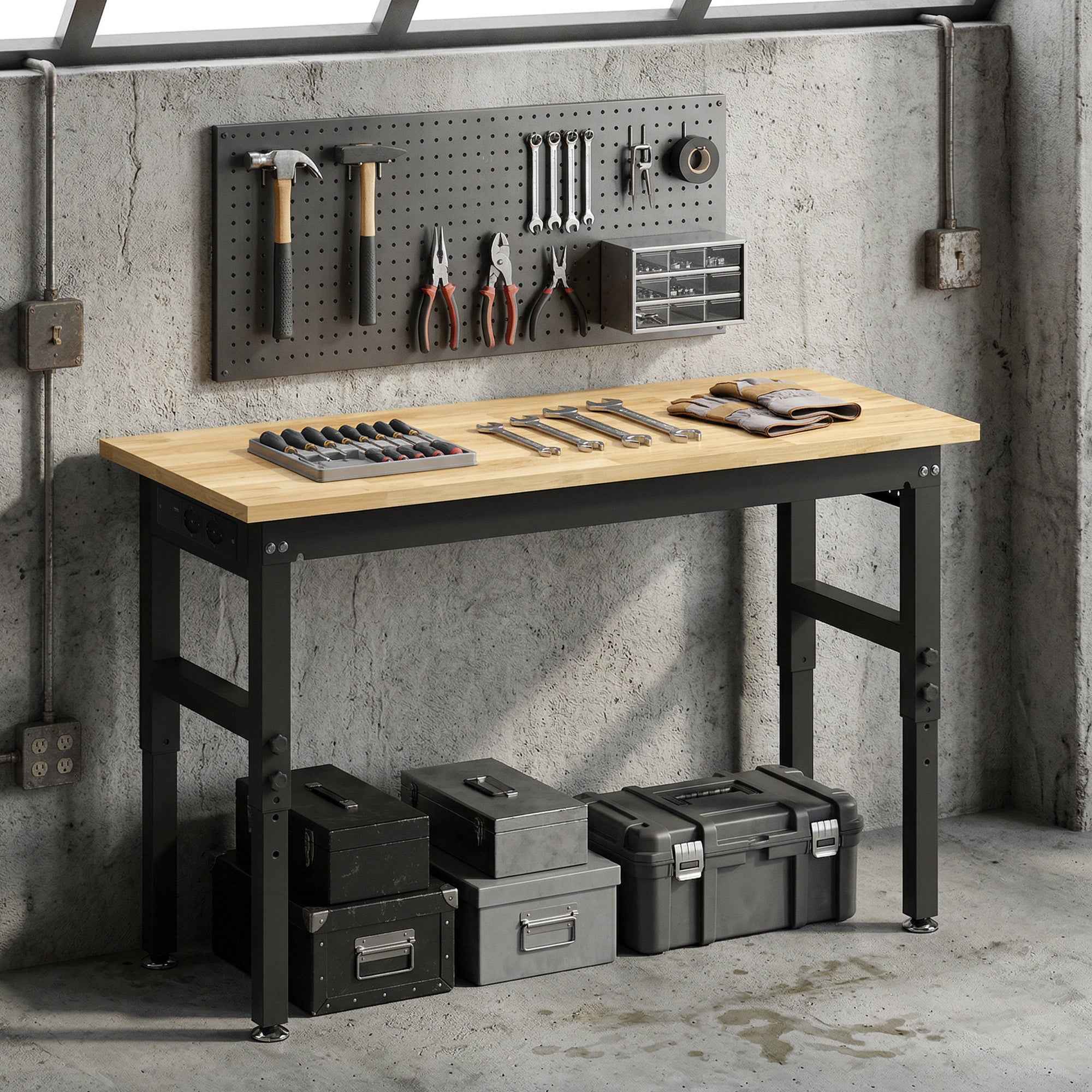 HOMCOM Height-Adjustable Wood and Steel Workbench, 2 AC Outlets, 900 kg Capacity, Wood and Black Color