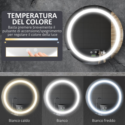 Round Bathroom Mirror with Adjustable LED Light and Anti-Fog Function, Ø50cm