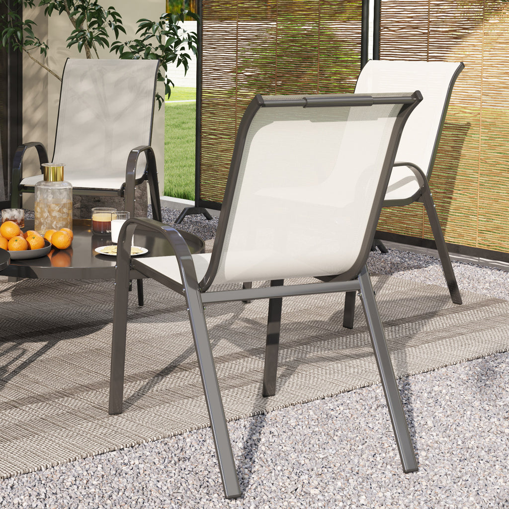 Outsunny Set of 4 Stackable Garden Chairs with Curved Armrests, Steel and Breathable Fabric, 54x71x93 cm, Beige
