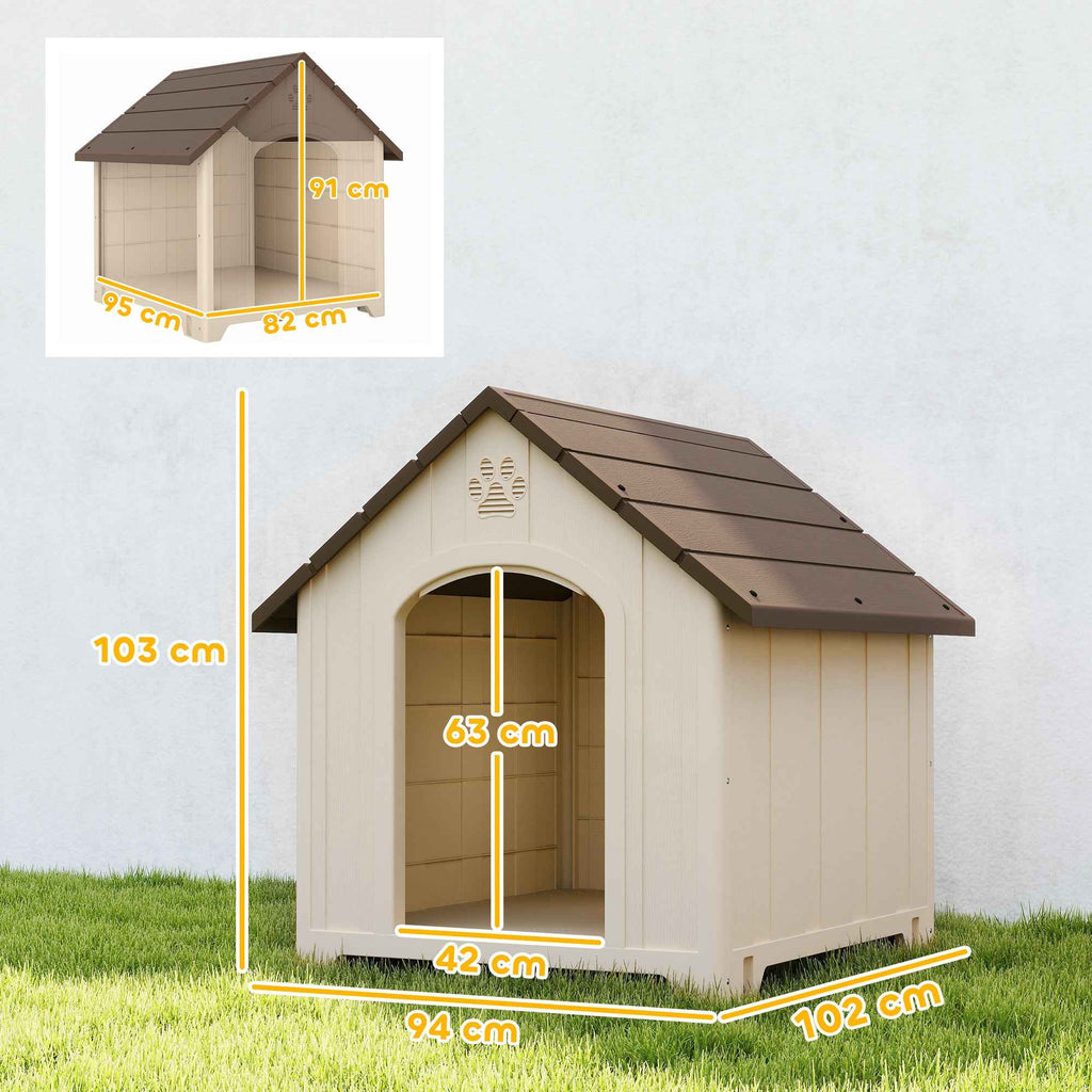 PawHut Raised Dog Kennel with Sloped Roof and Air Vents, PP, 102x94x103 cm, Beige and Dark Brown