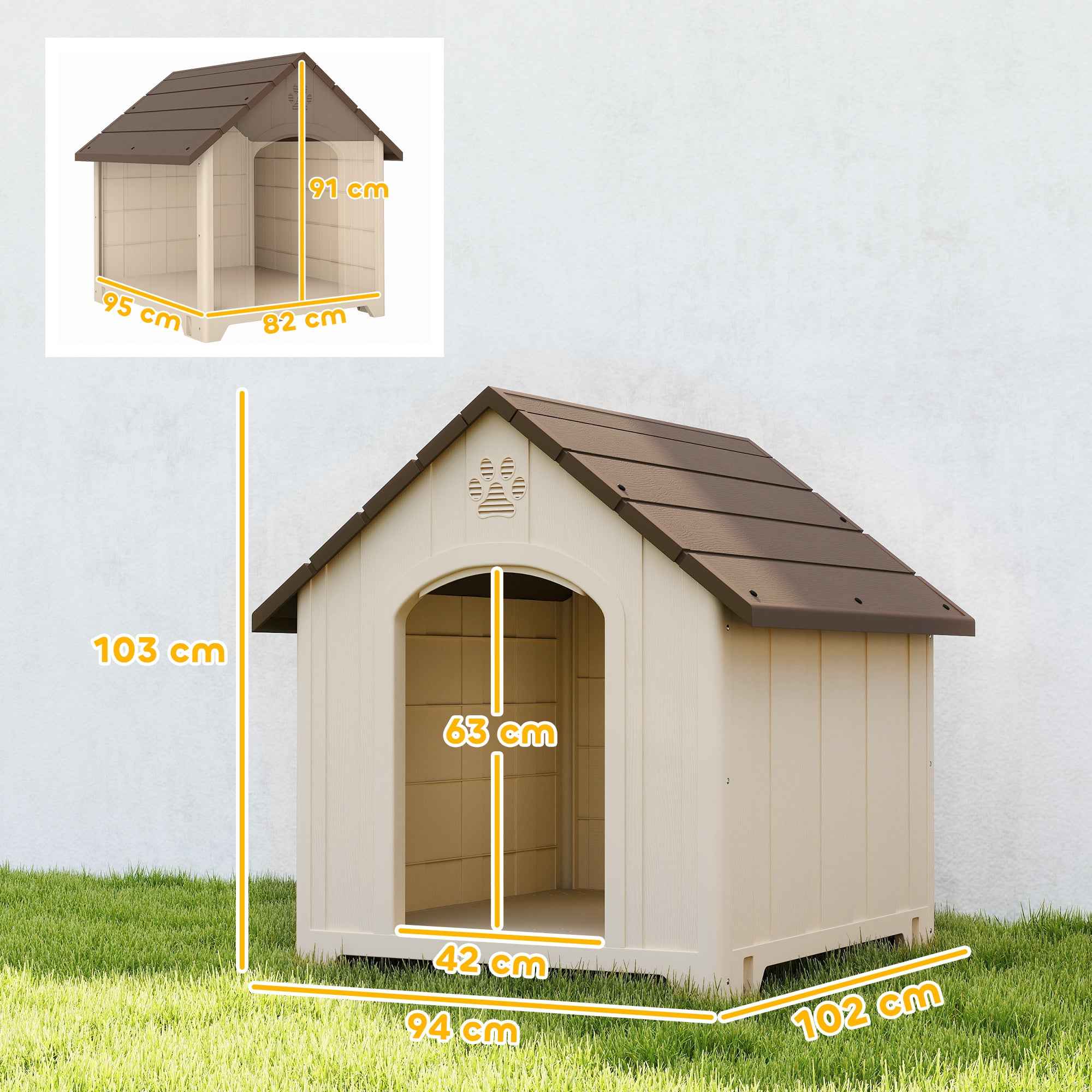PawHut Raised Dog Kennel with Sloped Roof and Air Vents, PP, 102x94x103 cm, Beige and Dark Brown