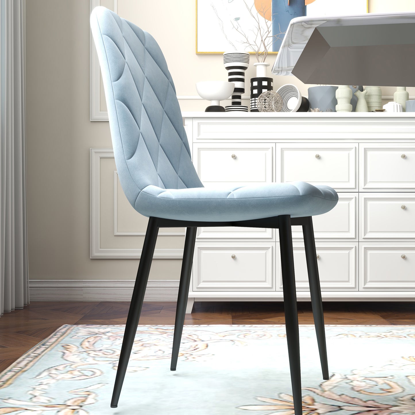 Light Blue Set of 4 Padded Kitchen Chairs, in Velvet Effect Fabric and Steel, 45x54x87 cm - Borgè