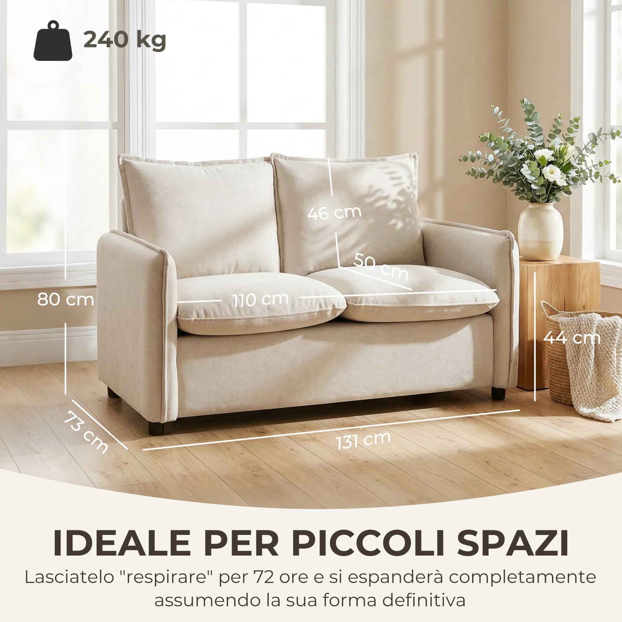 2-Seater Sofa with Breathable Leather Effect Fabric, Thick Padding, 2 Cushions, Armrests, for Living Room, Cream
