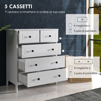 Chest of drawers with 5 space-saving and anti-tipping wooden drawers, 74x40x91cm, White