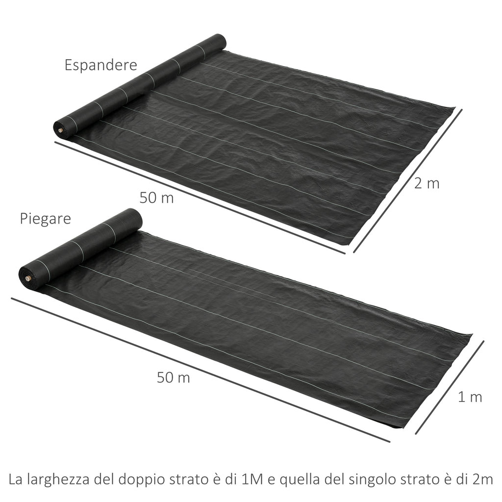 Outsunny 50x2m 100g/m² Weed Control Fabric Black Fabric for Vegetable Garden, Greenhouse, Garden Draining and Breathable with Grid