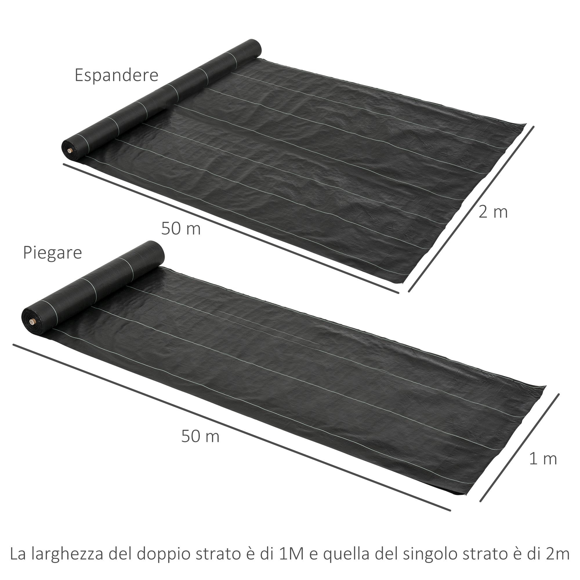 Outsunny 50x2m 100g/m² Weed Control Fabric Black Fabric for Vegetable Garden, Greenhouse, Garden Draining and Breathable with Grid