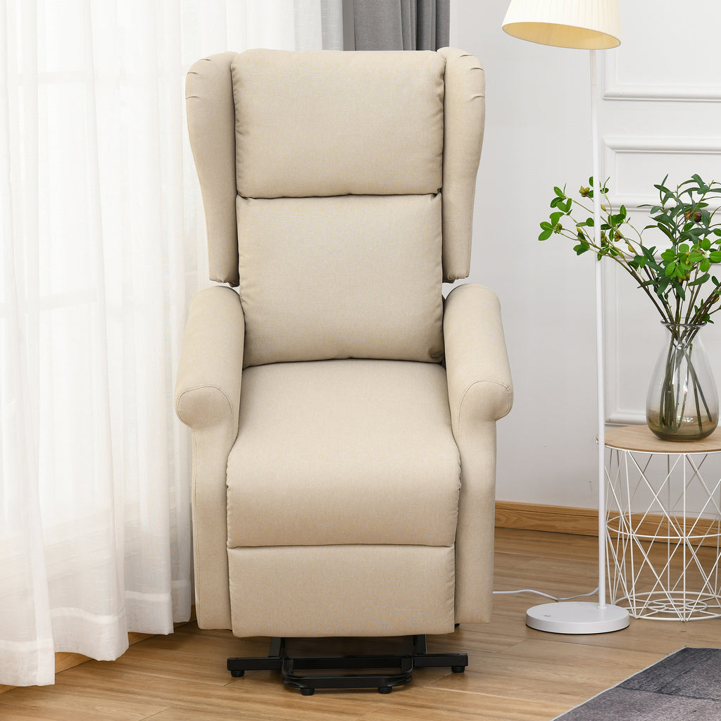 Electric Lift Recliner Chair, 135° Reclining, Load Capacity 200KG, Electric Relax Chair in Linen Effect Fabric with Remote Control, Footrest and 1 Side Pocket for Living Room, Cream White