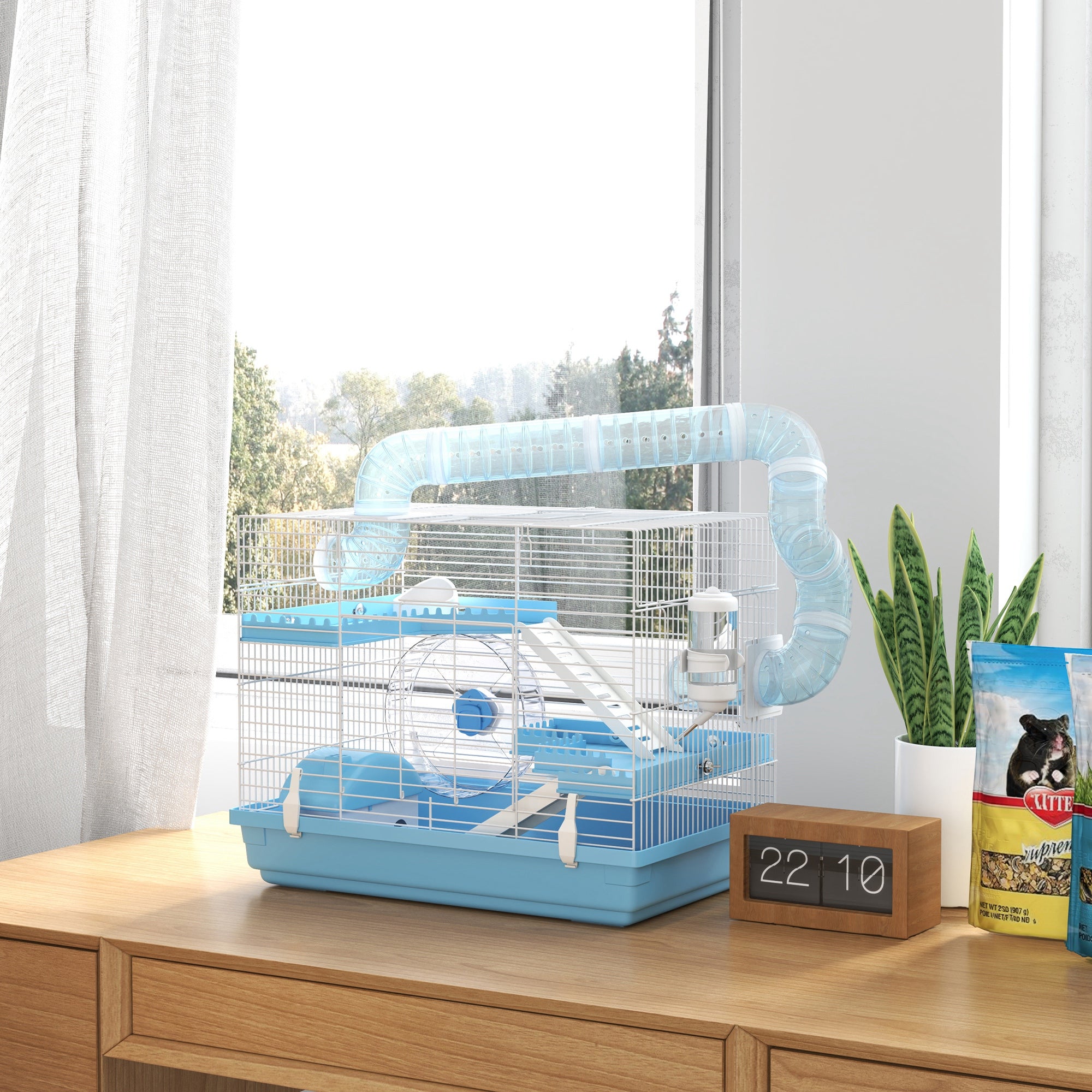 3-Story Hamster Cage with House, Wheel, Food Bowl, Bottle and Tubes, Light Blue