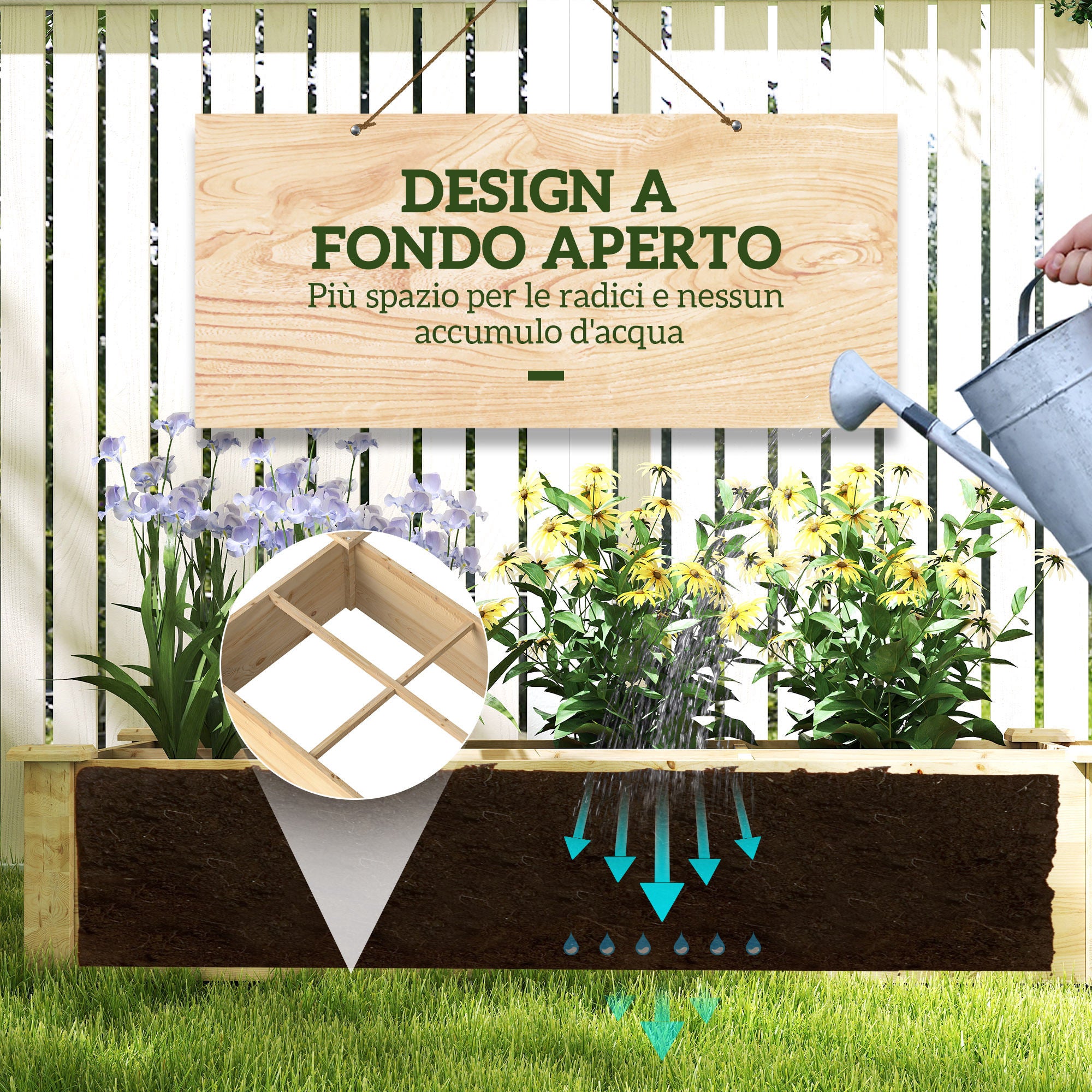 Raised Garden Bed with Internal Divider and Open Bottom, 237x60x25cm, Natural WoodRaised Garden Bed with Internal Divider and Open Bottom, 237x60x25cm, Natural Wood