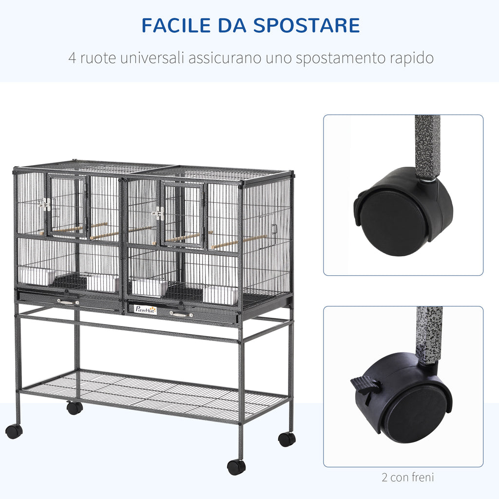 PawHut Double Metal Bird Cage with Removable Trays, Stand with 4 Wheels and Shelf, 95x45.5x102cm, Gray - Borgè