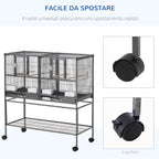 PawHut Double Metal Bird Cage with Removable Trays, Stand with 4 Wheels and Shelf, 95x45.5x102cm, Gray - Borgè