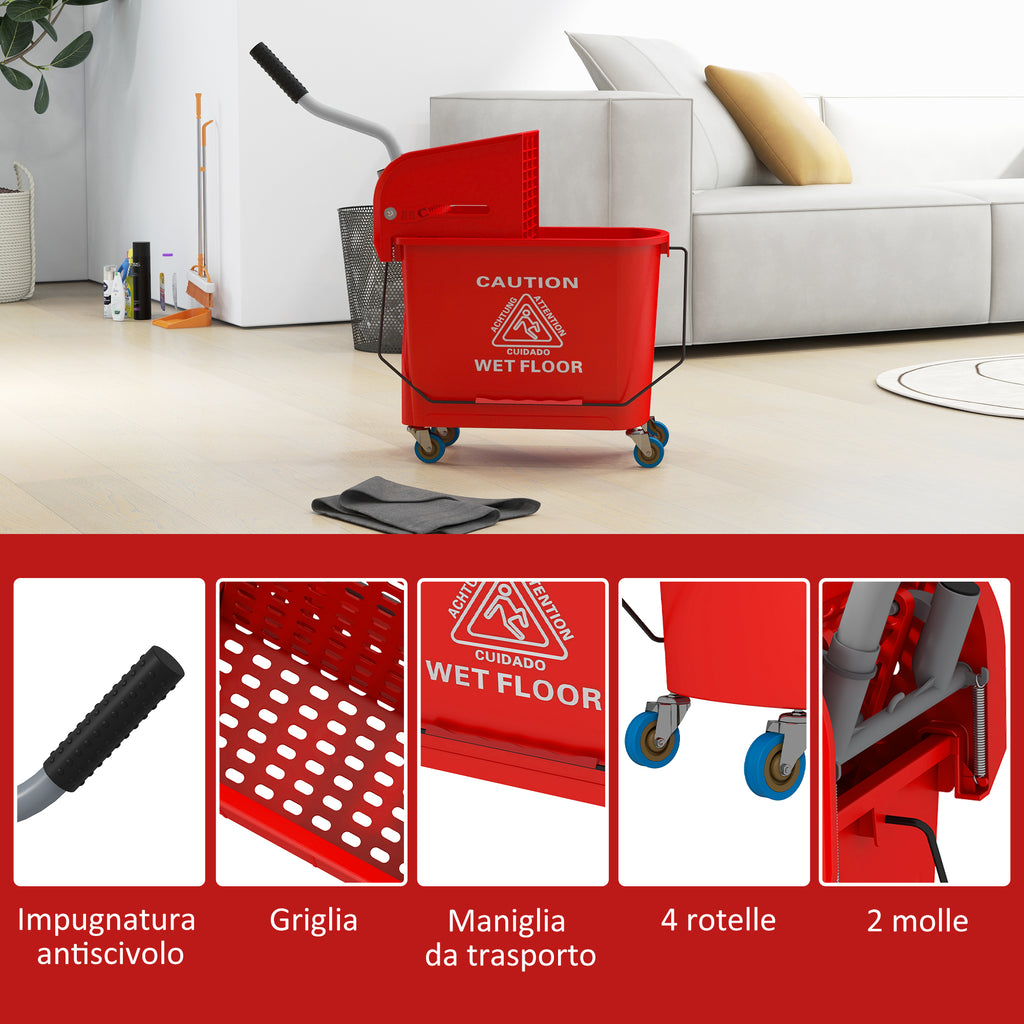 HOMCOM Cleaning Trolley Floor Mop with Wringer 60x27x70.5cm Red