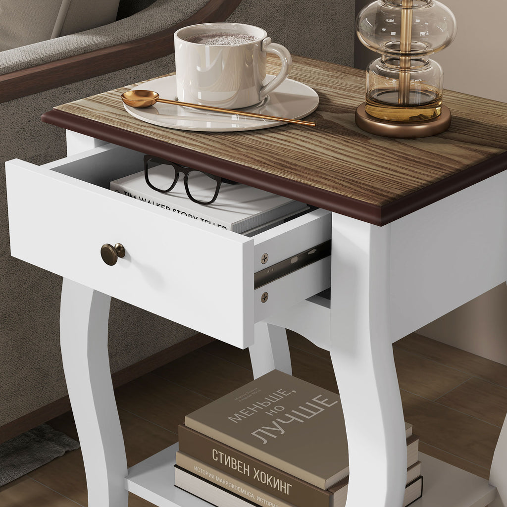 French Style Wooden Nightstand with Drawer and Open Shelf, 45x35x55 cm, White and Oak