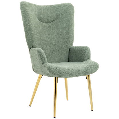 High Back Living Room Chair in Steel and Sherpa Effect Fabric, 73x68x111 cm, Green and Gold