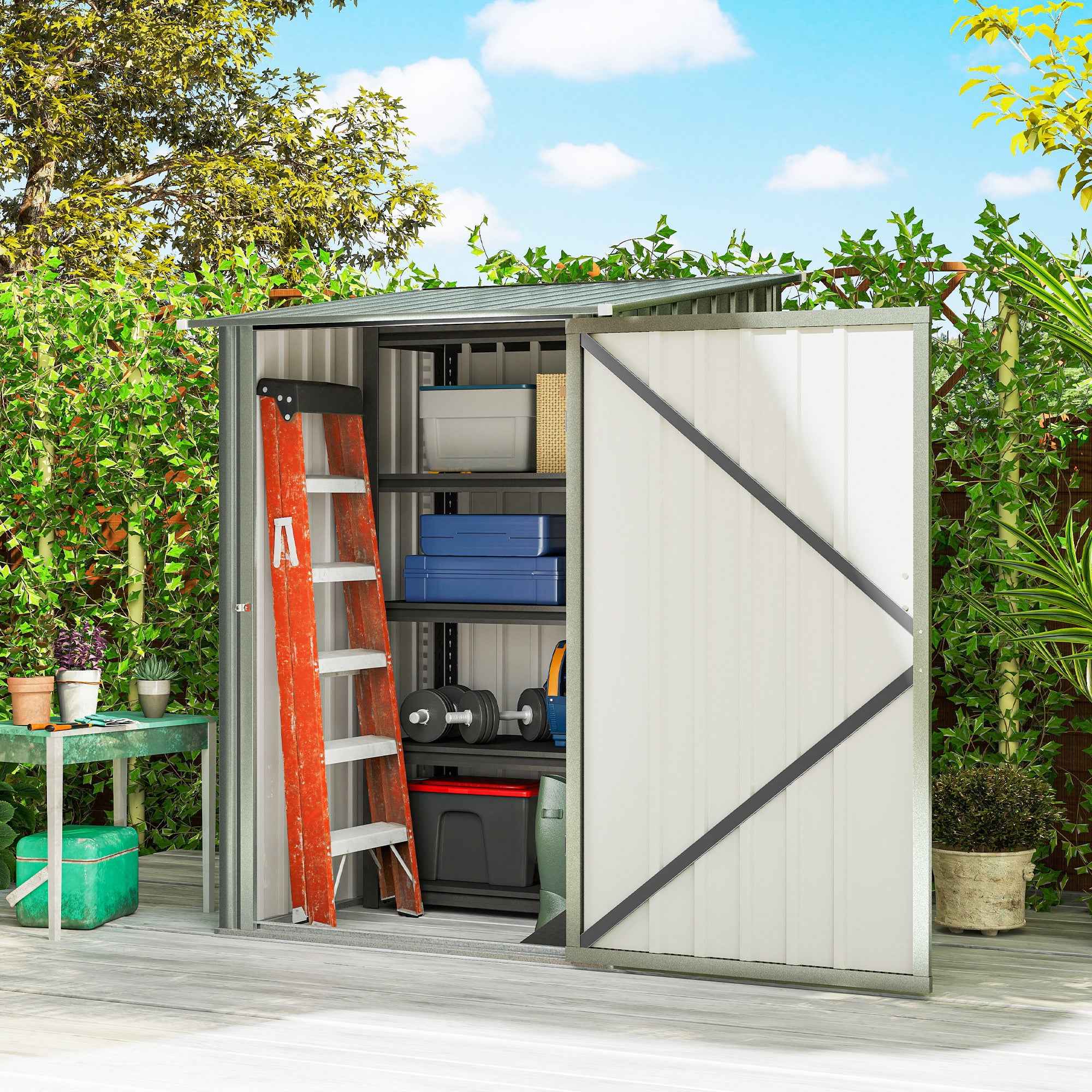 Outsunny Galvanized Steel Garden Shed with Hinged Door, 100x104x160 cm, Silver