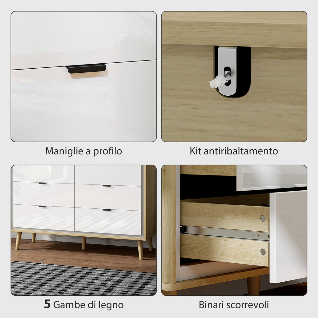 6-Drawer Wooden Chest of Drawers for Bedroom, 110x40x75 cm, Gloss White and Oak