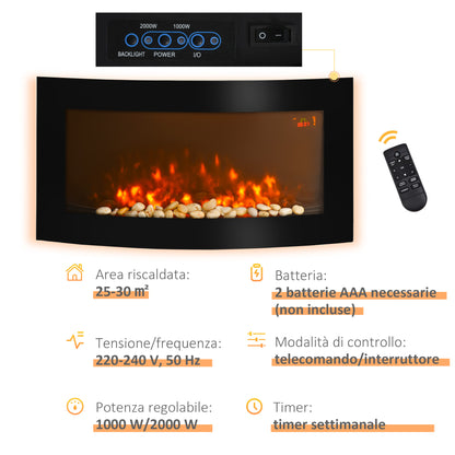 Electric Fireplace Wall and Built-in with 7-Color LED Light, Power 1000/2000W and Temperature 15-30°C, Black