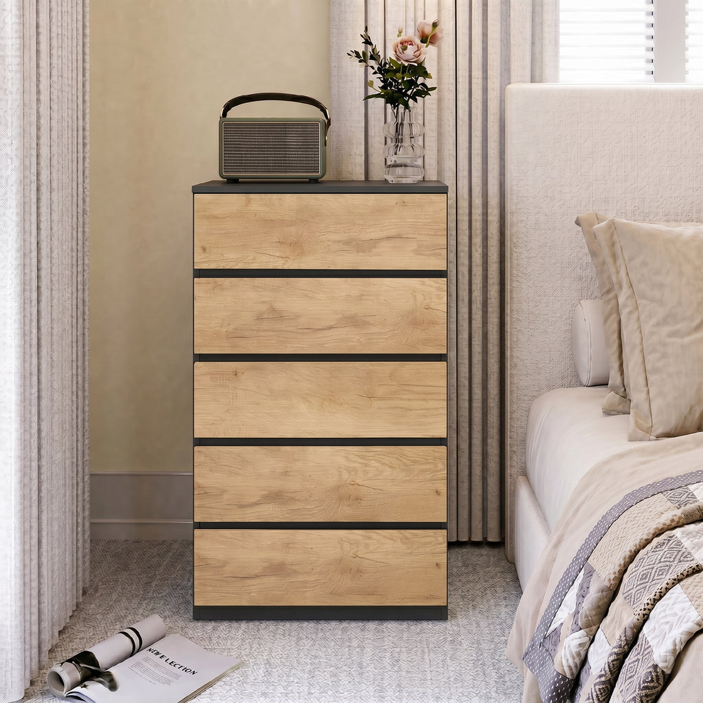 HOMCOM 5-Drawer Wooden Chest of Drawers with Metal Rails and Grooved Handles, 60x39x100 cm, Black and Oak
