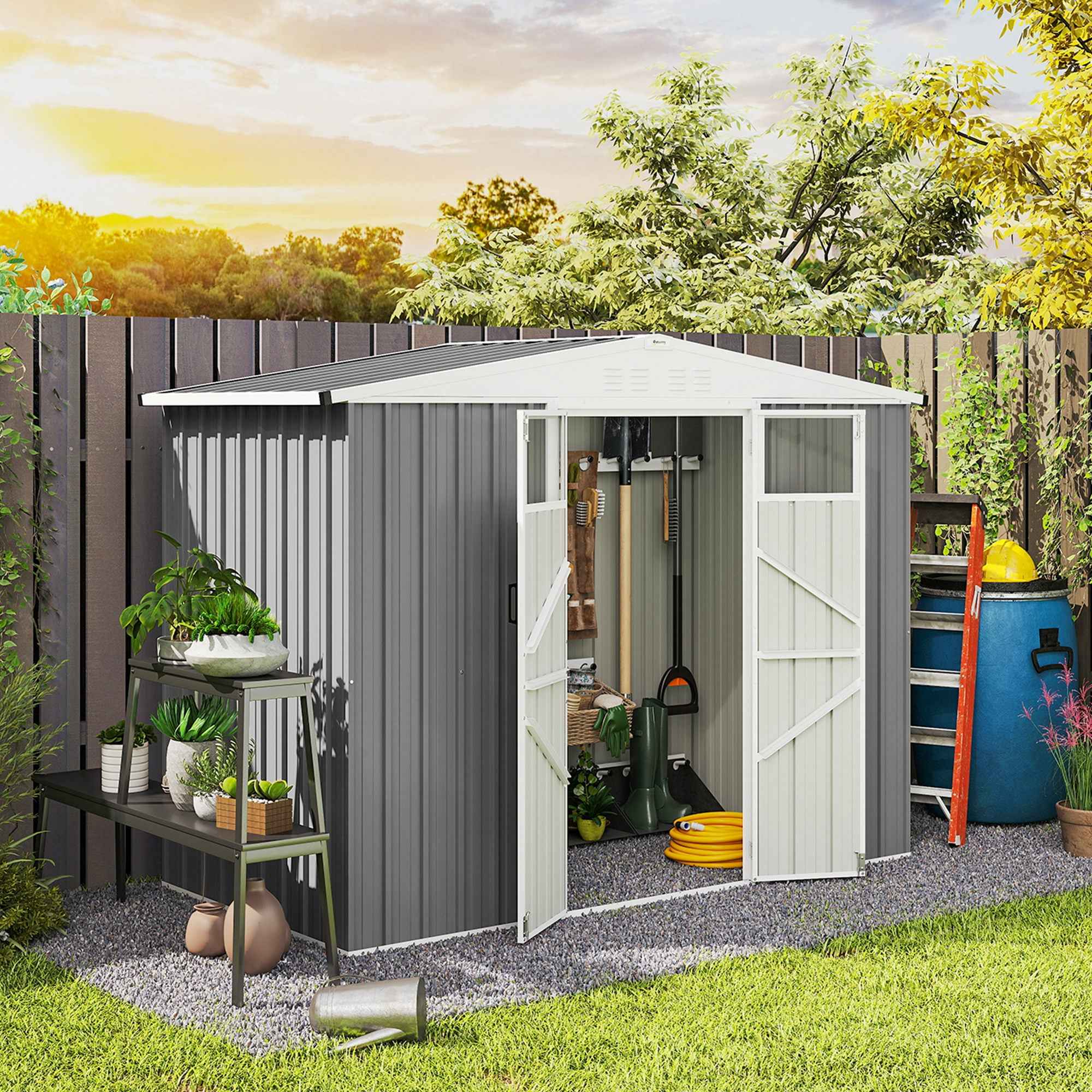 Outsunny Galvanized Steel Garden Storage Shed with 2 Doors, 246x117x180 cm, Light Grey