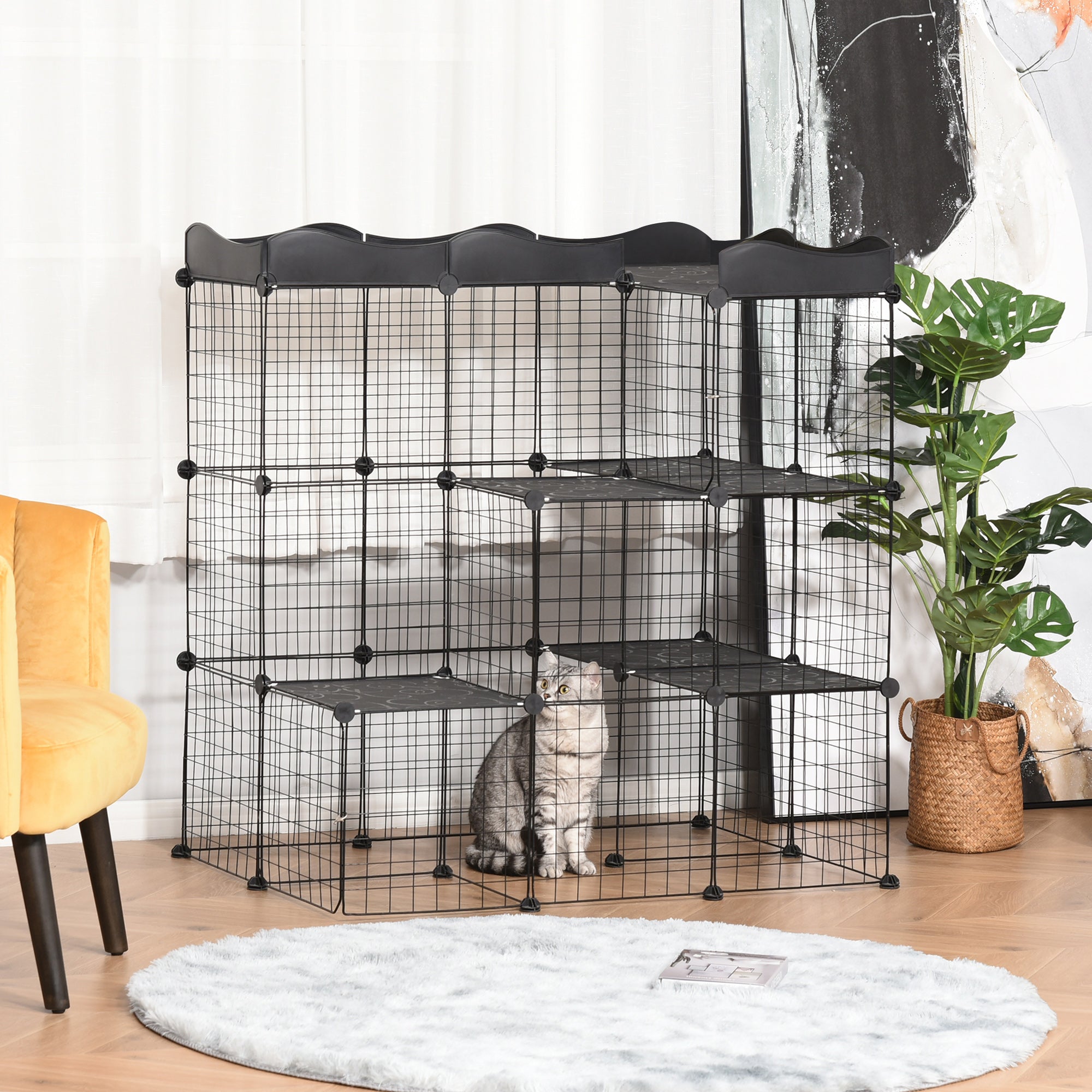 Modular and Multilevel Pet Enclosure with Ramp and 2 Doors in Steel and PP, 105x70x116 cm, Black