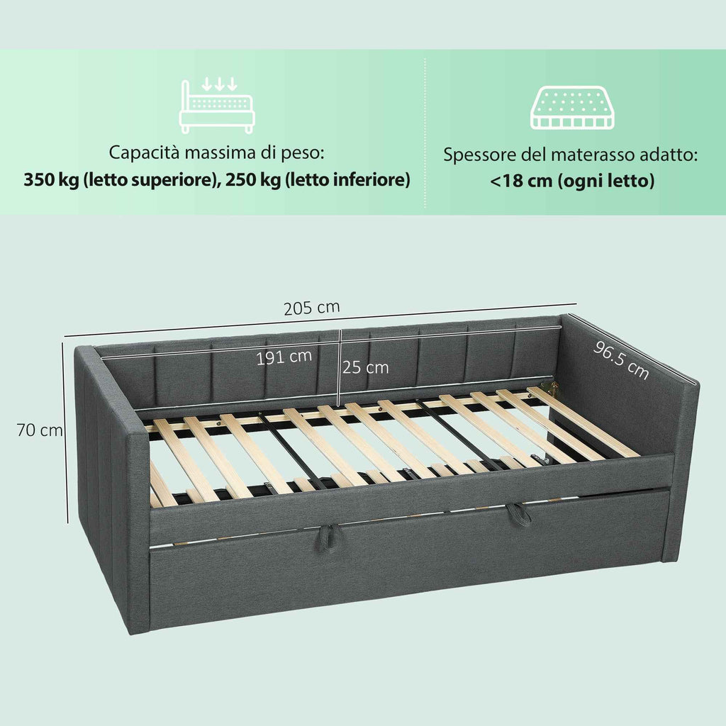HOMCOM Single Bed with Pull-Out Second Bed, Fabric Upholstery and Armrests, 205x181x70 cm, Dark Grey