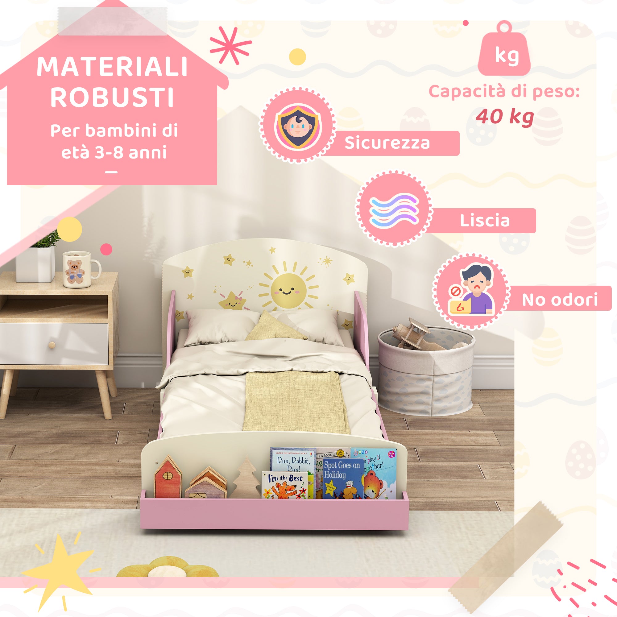 Children's Bed for 3-8 Years Old, Low, Wooden, with Storage Space and Side Rails, 150x77x60 cm, Pink