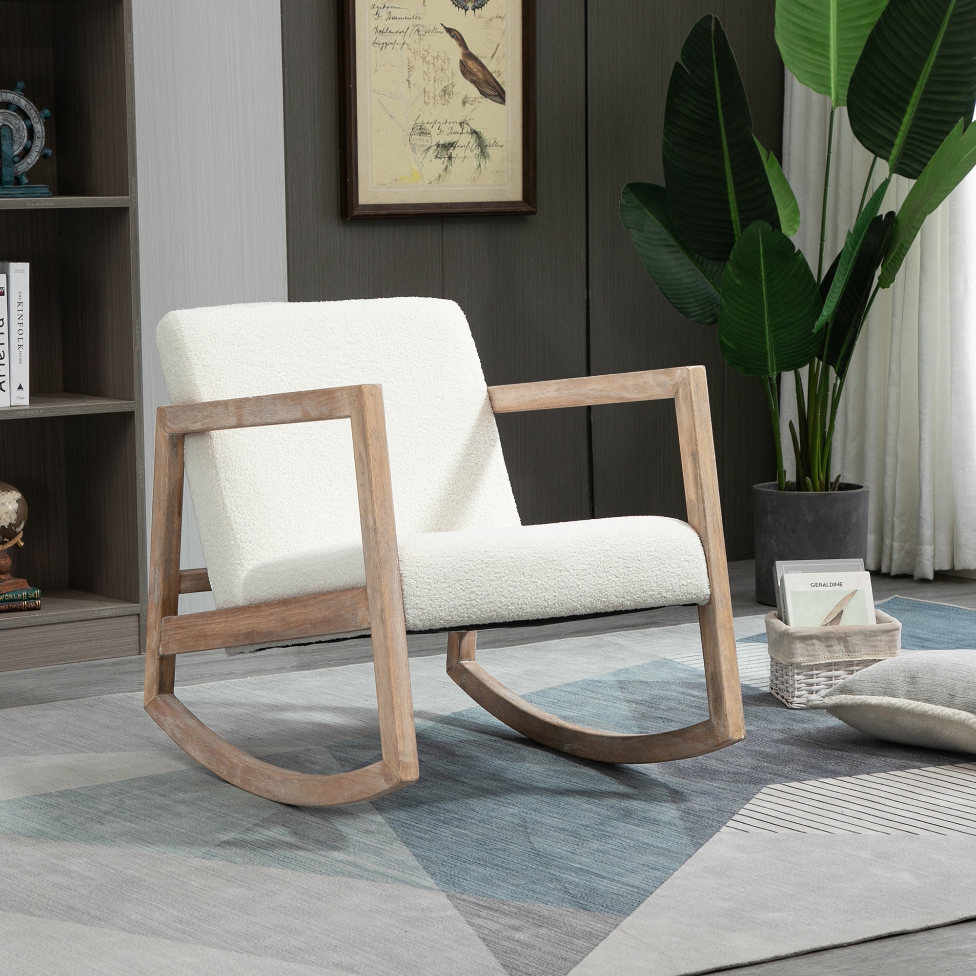 Rocking Chair with Seat and Back Cushions, Wood, Pile and Foam, 60x81x71 cm, Cream