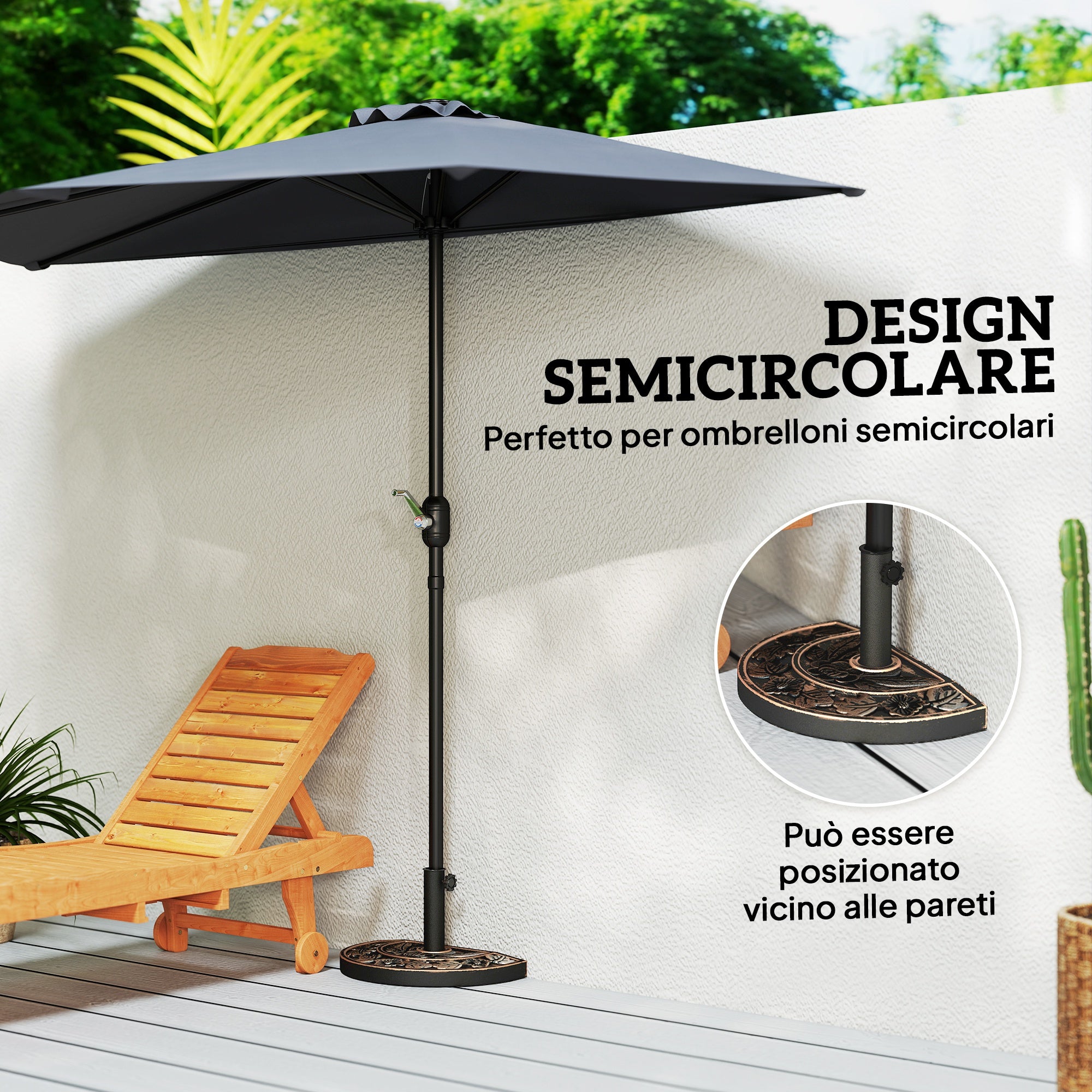 Half-Moon Umbrella Base Ø38 mm and Ø48 mm with Crank Handle, Resin Umbrella Base, 50x31x32 cm, Bronze