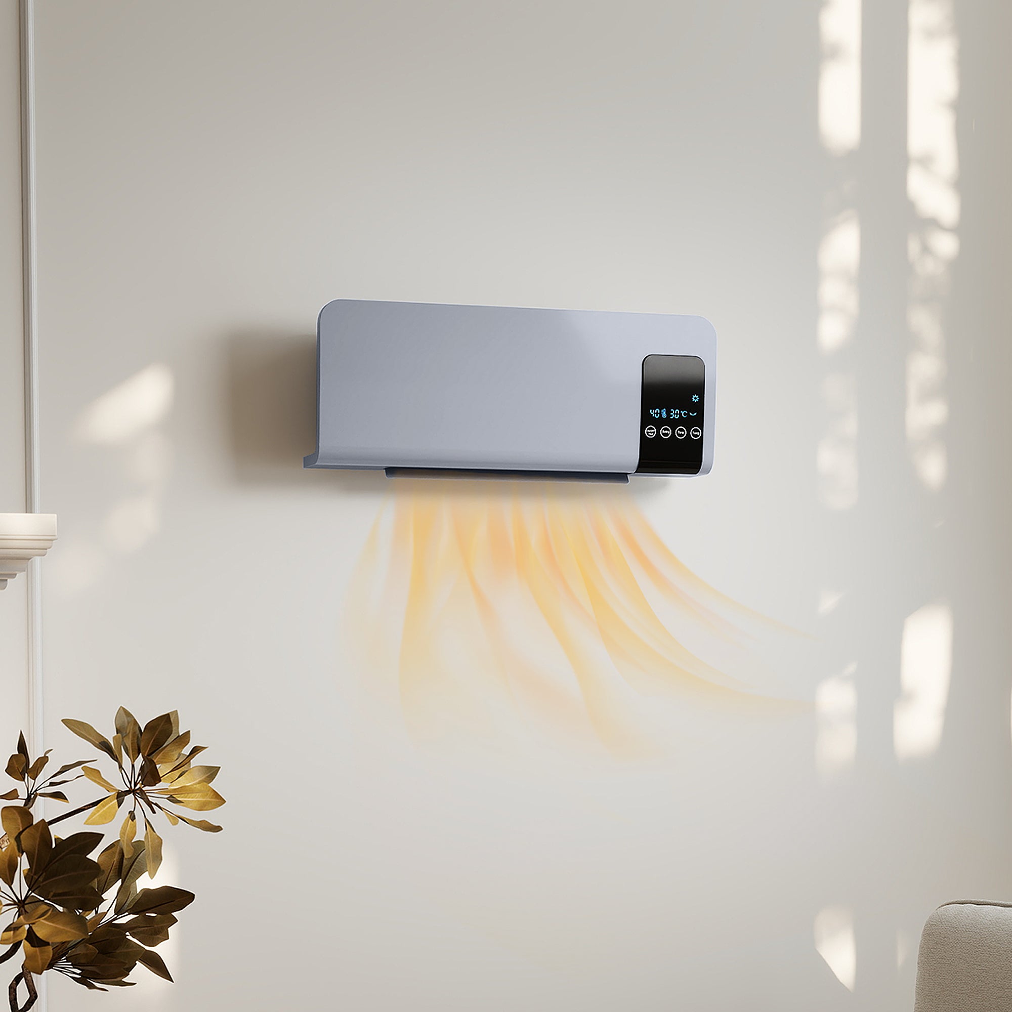 Oscillating Wall-Mounted Fan Heater with Remote Control, 12-Hour Timer and 2 Modes, 54.5 x 12 x 21.5 cm, Grey