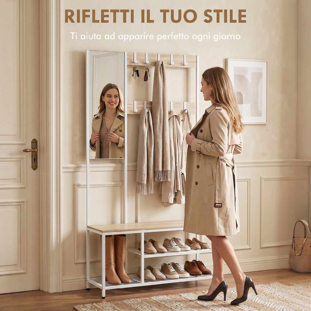 HOMCOM Hallway Coat Rack with Full-Length Mirror and Shoe Bench, Wood and Metal, Wood Color