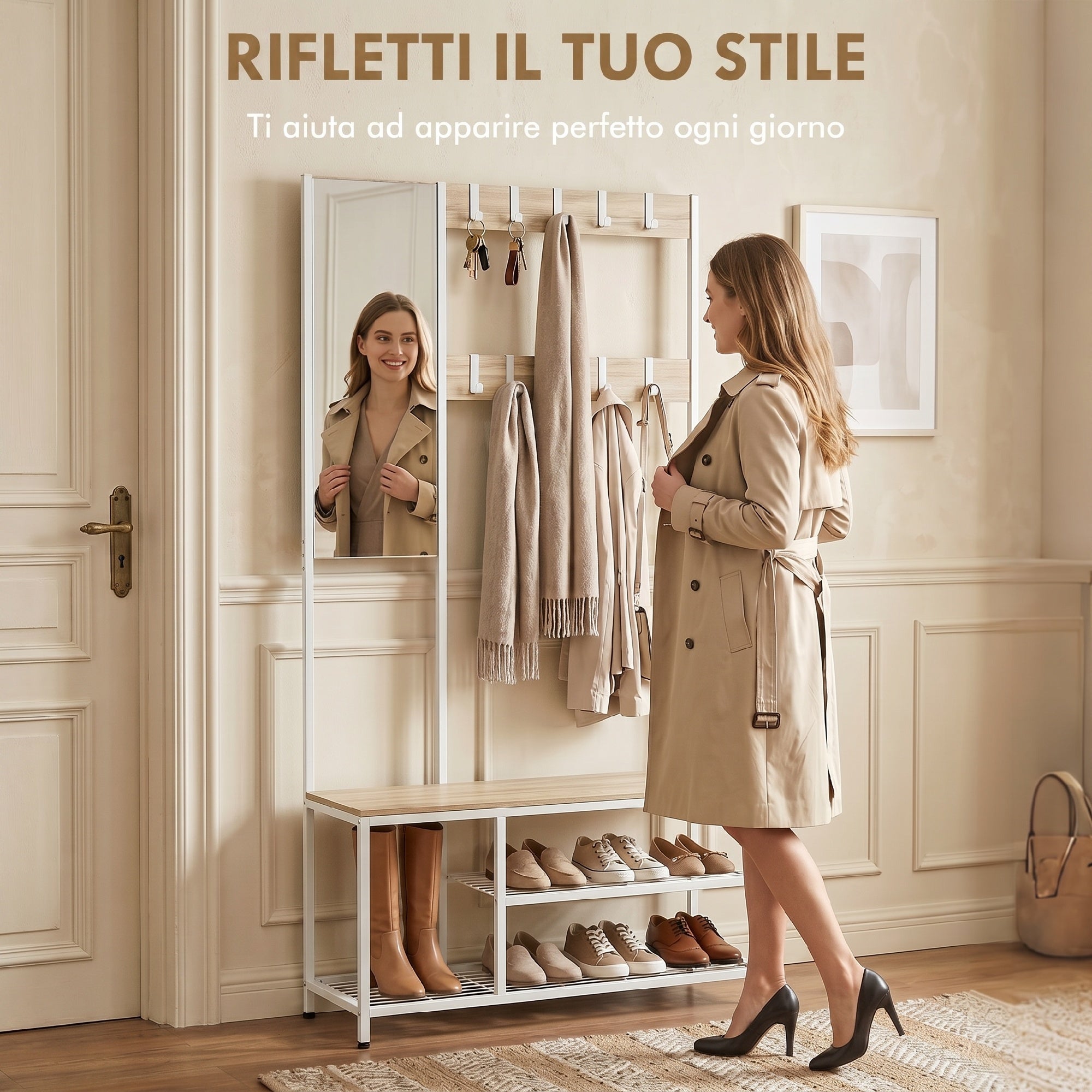 HOMCOM Hallway Coat Rack with Full-Length Mirror and Shoe Bench, Wood and Metal, Wood Color