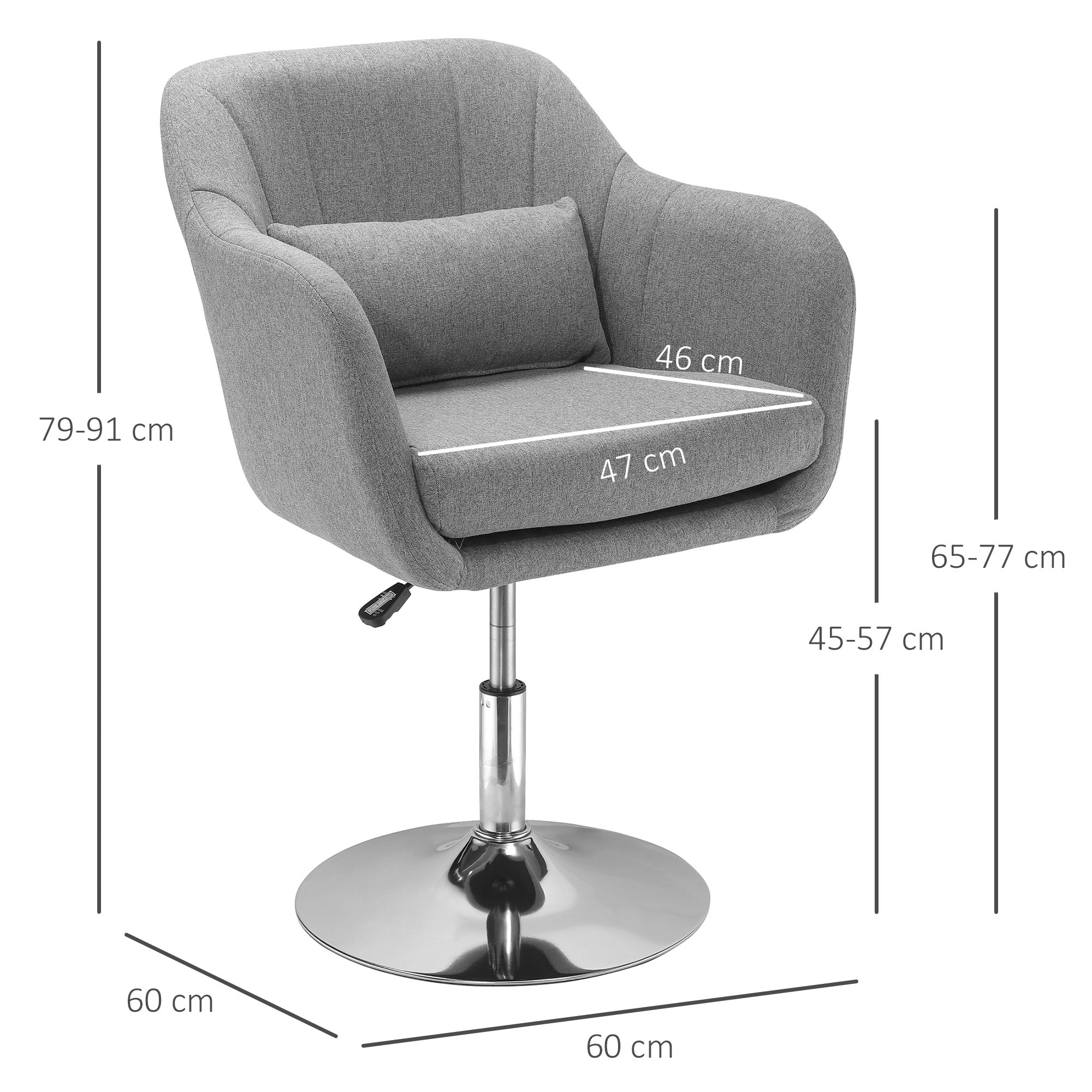Swivel Chair with Adjustable Height, with Cushion, Lumbar Support and Armrest, 60x60x79-91 cm, Grey