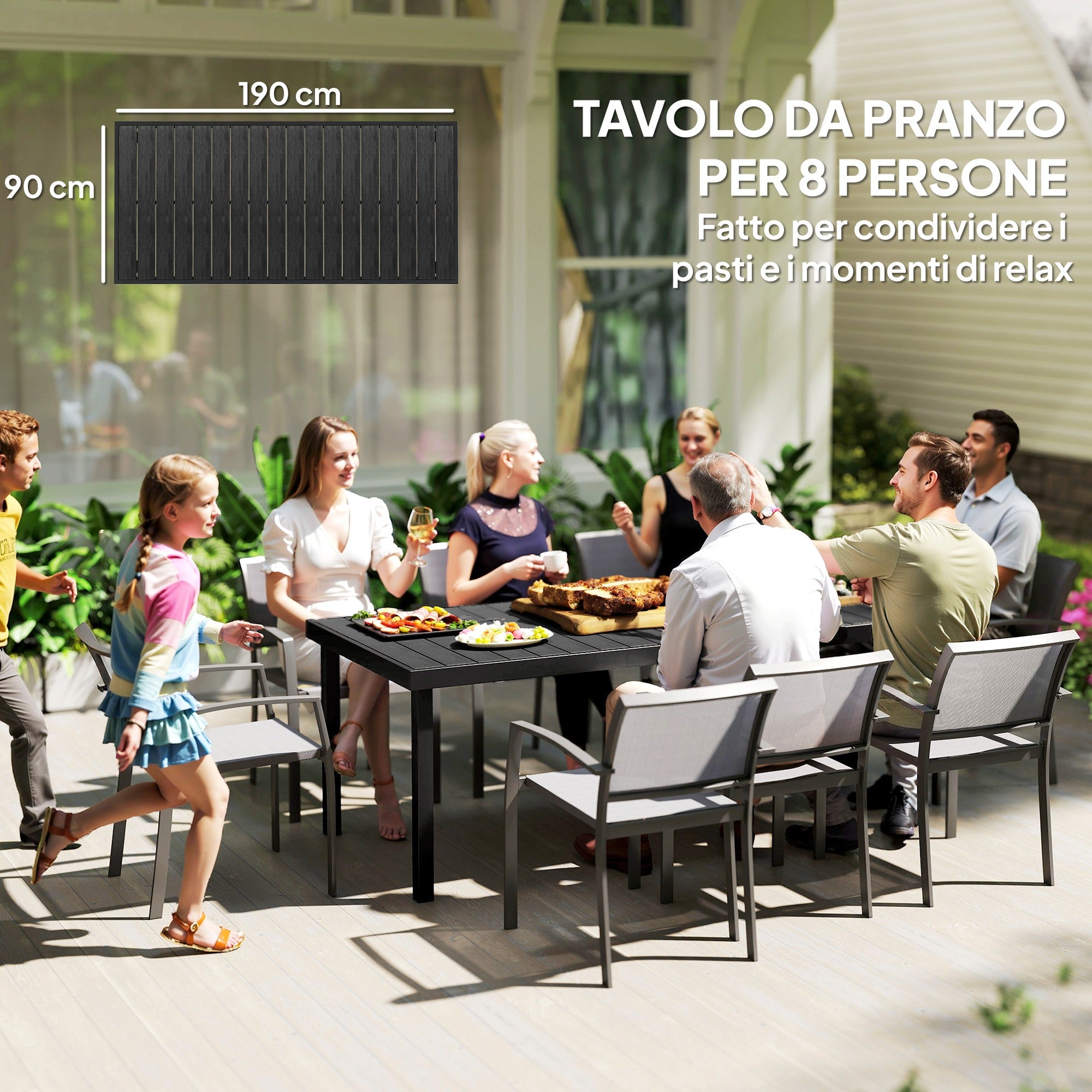 8-Seater Aluminum and Plastic Garden Dining Table, Black