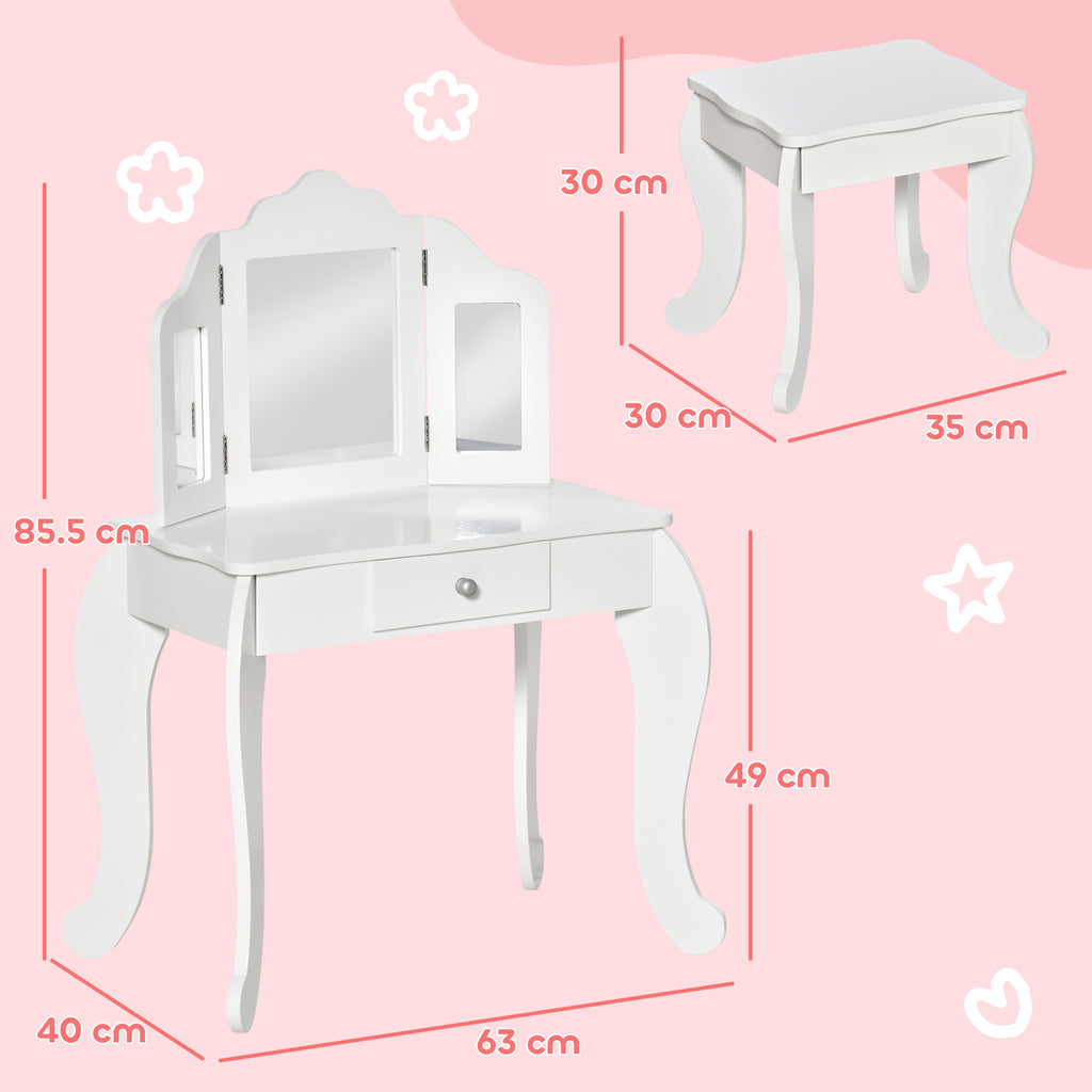 Children's Dressing Table with Stool and Triple Mirror, Wood and Acrylic, 63x40x85.5 cm, White