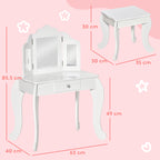 Children's Dressing Table with Stool and Triple Mirror, Wood and Acrylic, 63x40x85.5 cm, White