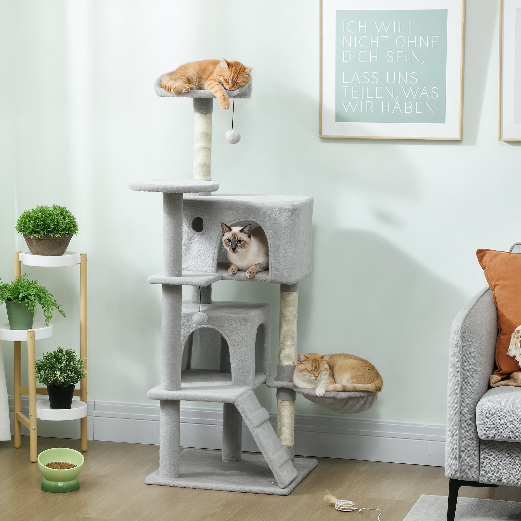 Cat Tree, 140 cm Tall, with 2 Cat Houses, Hammock, Bed and Sisal Posts, Grey