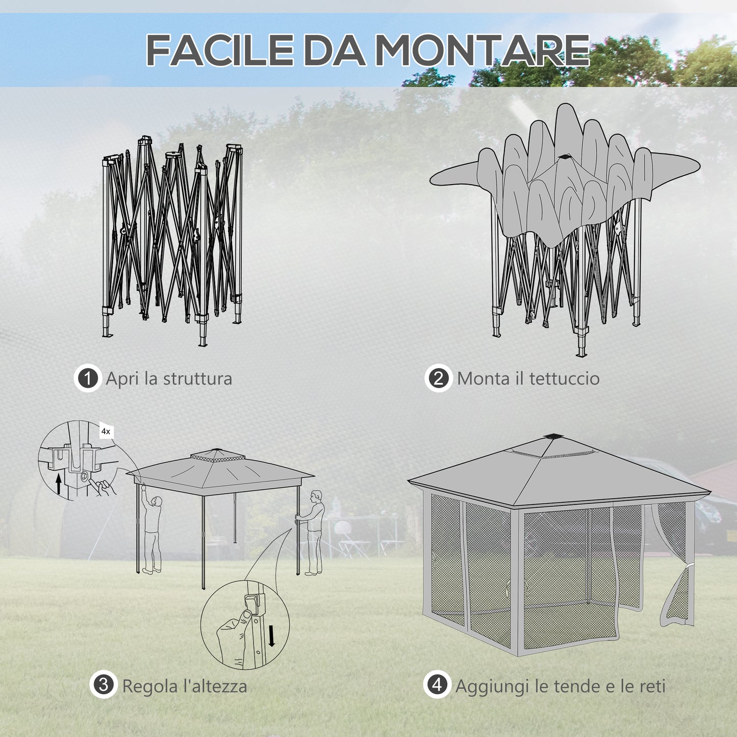 Adjustable Height Garden Gazebo with LED Lights, in Steel and Oxford Fabric, 336x336x250-270 cm, Grey - Borgè