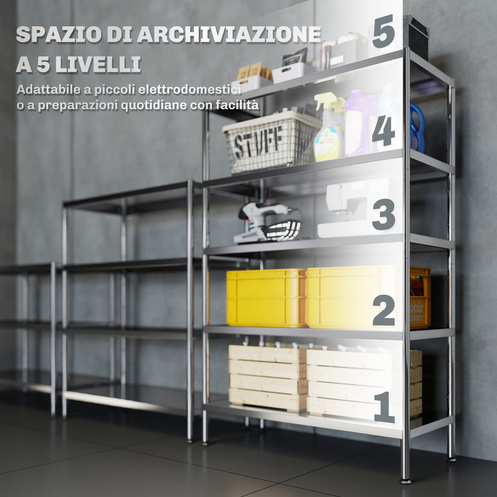 5-Tier Kitchen Shelf with 13 Adjustable Heights, Stainless Steel, 91 x 40 x 139 cm, Silver
